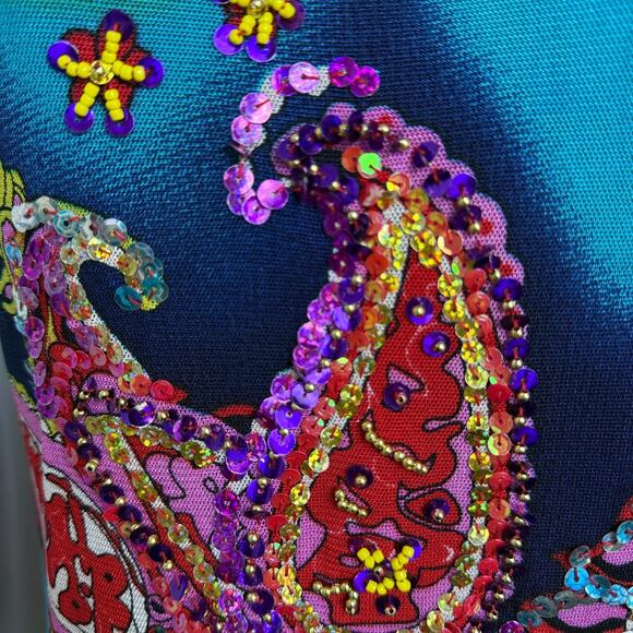 Boston Proper Womens Top Med Sheer Colorful Beaded Paisley Long Sleeve Festival - Picture 4 of 10